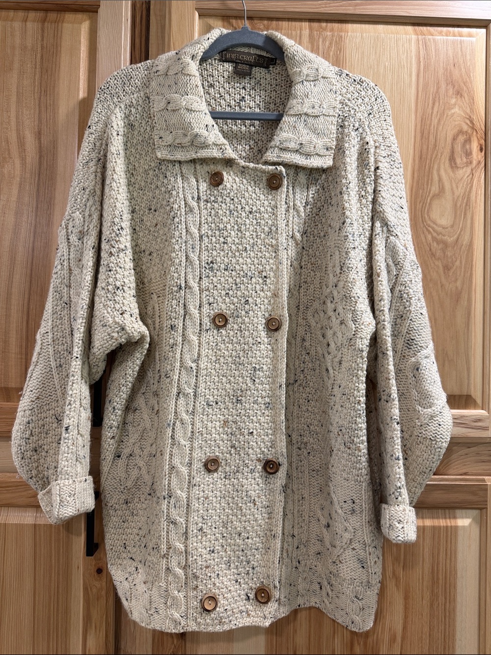 Inis Crafts 100% Wool Women L Speckled Cream Button Oversized Cardigan Sweate